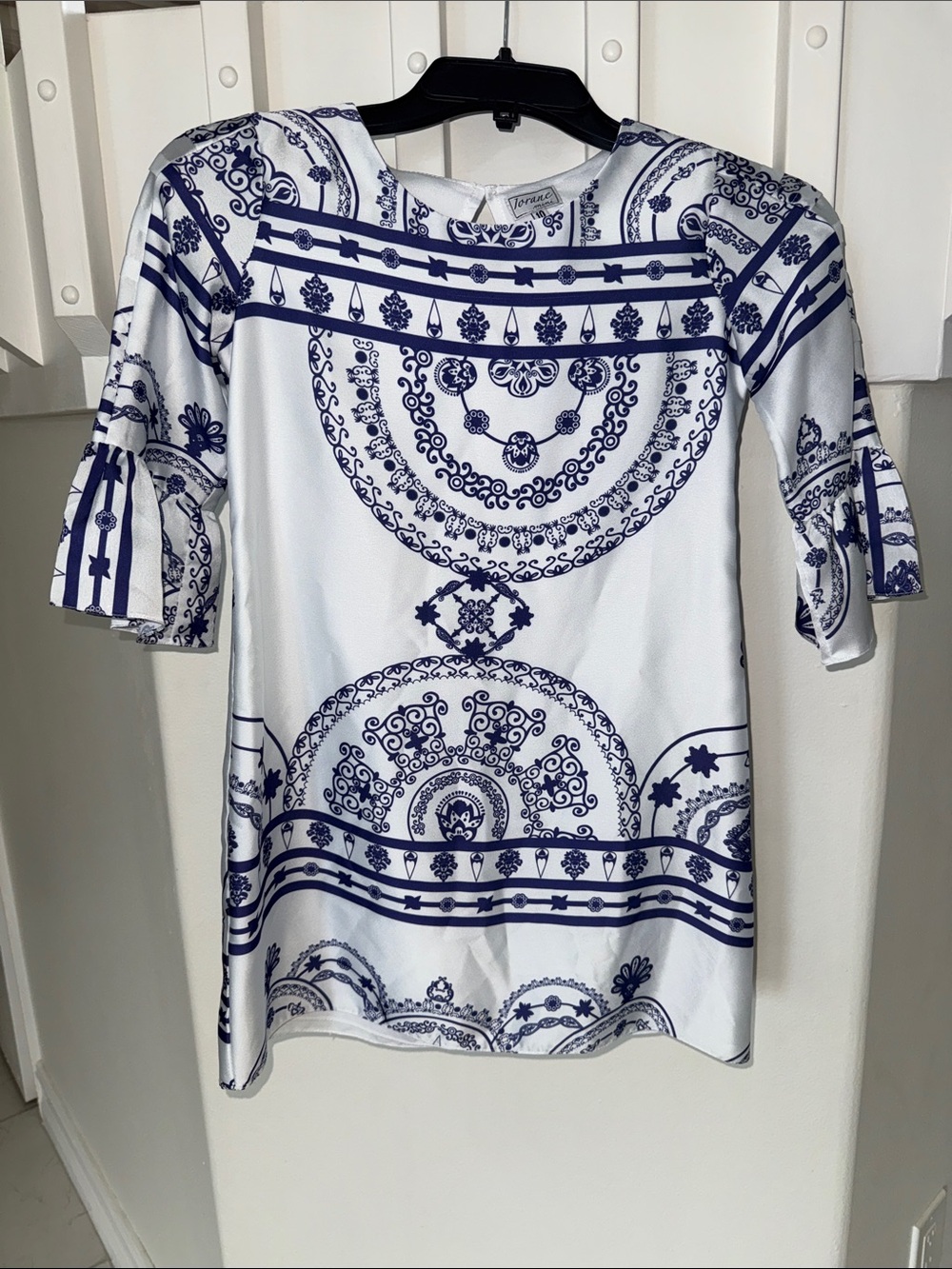 White & Navy Printed Bell-Sleeve Top